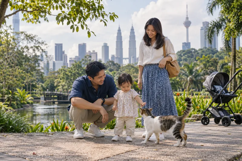 A family with a stroller enjoying a morning in a Malaysian city park